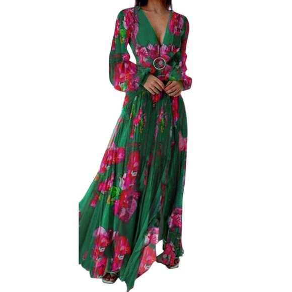 NWT Green Maxi Dress Pink Floral Print Sheer Long Sleeves Neckline Side Slit XL - Picture 1 of 8